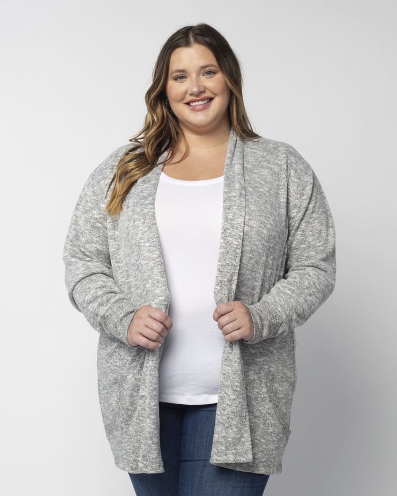 Front of a model wearing a size 3X Campus Cardigan in Heather Grey by chicka-d. | dia_product_style_image_id:289543
